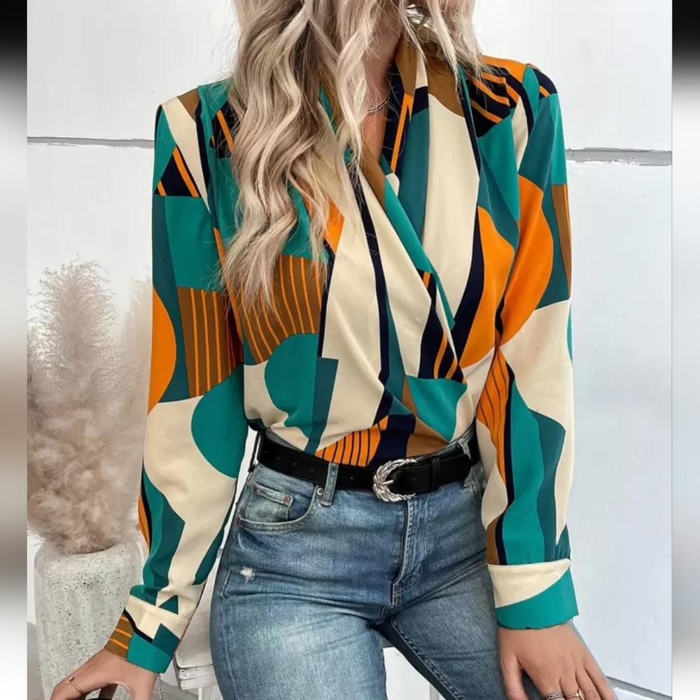 SHEIN Privé Geo Print Surplice Neck Blouse Shirt Top- Women's Size Med